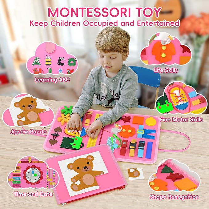 Busy Board Trave Toys for Toddlers 1 2 3 4, Girl Birthday Gift Preschool Learning Activities Educational Toys, Montessori Toys for 2 3 4 Year Old Girls Gift, Pink Mermaid