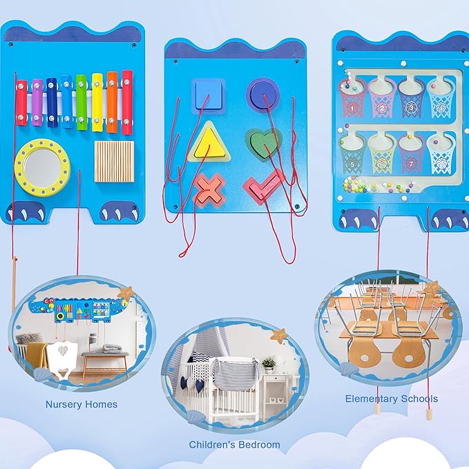 Crocodile Sensory Toys Activity Wall Panels, Educational Montessori Busy Board for Toddlers, Activity Cube - Sensory Wall, Wooden Learning Toys, Interactive Toy, Blue