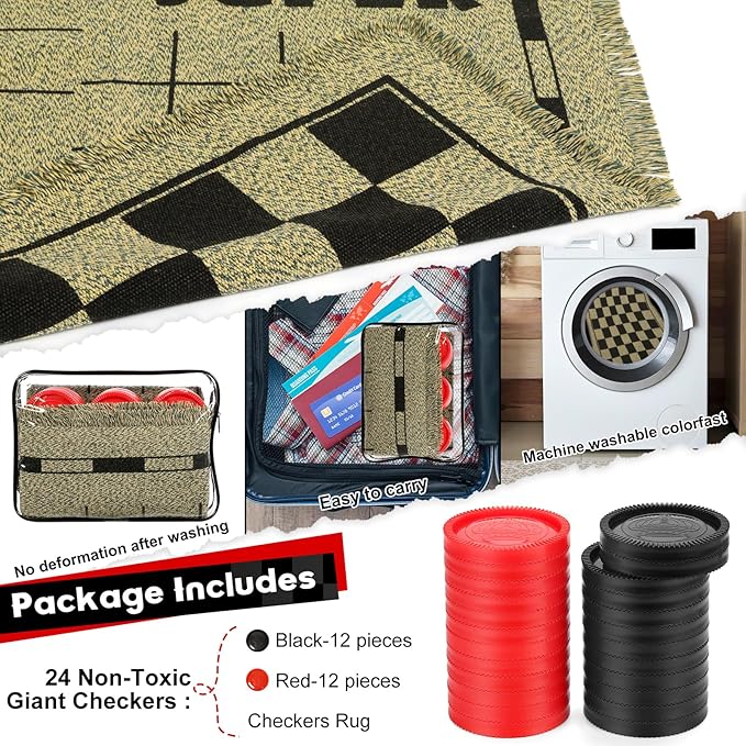 Giant Checkers Game Set - 3-in-1 Reversible Carpet for Kids & Adults - Oversized Indoor/Outdoor Mat for Family Fun & Parties