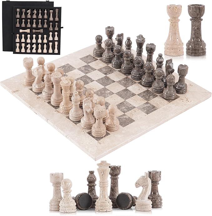 Marble Chess Set 15 Inch Travertine & Oceanic Checkers Board Game with Pieces, 2 Extra Queens and Storage Box, Strategy Set for Adults & Family, Travel, Tabletop Play