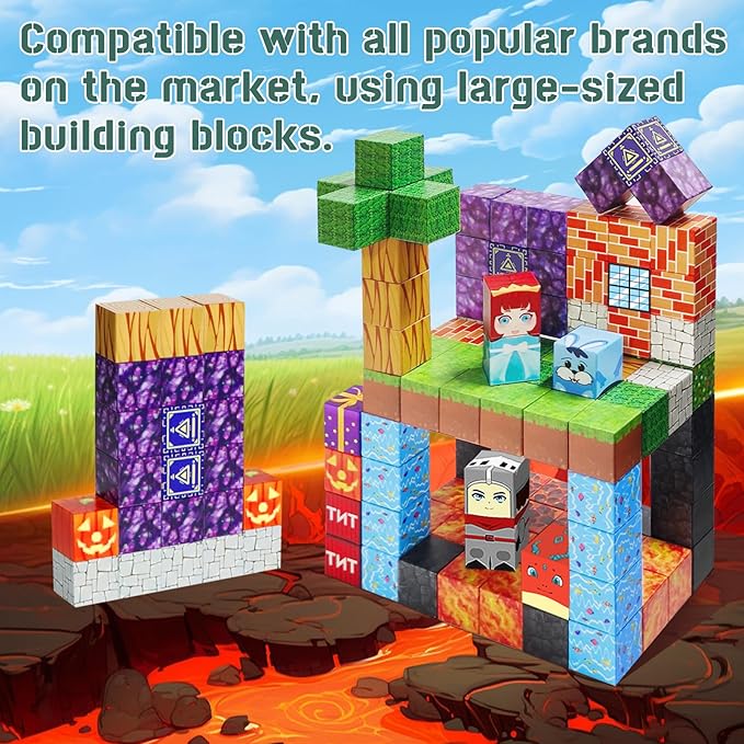 Magnetic Blocks -Adventure at Lava World Blocks Set - Magnetic Cubes Building Blocks Toys for Halloween Christmas Birthday Gift - STEM Sensory Toys for 3+ Years Old Girl Boys