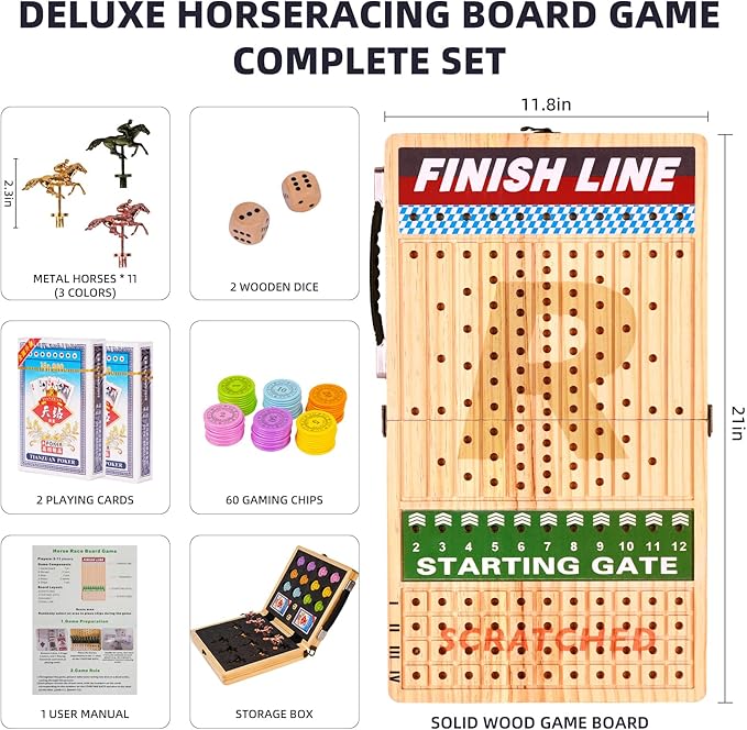 21 Inches Horse Race Board Game, Horse Racing Game with Cards and Dice, 11 Metal Horses, 60 Pcs Poker Chips Set, Solid Wood Across The Board Horse Race Game for Adults Family Friends
