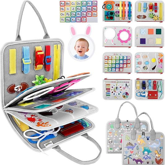 Busy Board Montessori Toys for Aged 1 2 3 4 Boy & Girl Birthday Gifts, Autism Sensory Travel Toys for Toddlers, Educational Activity Sensory Board Preschool Learning Fine Motor Skills Toys, Gray