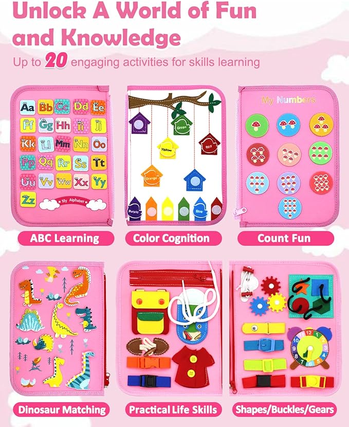 VARANO Montessori Busy Board Book Toy for 1 2 3 4 Year Old, Educational Sensory Toys for Toddlers 1-3, Car & Airplane Activities for Travel and Learning – Gifts for Boys and Girls (Pink Dino)