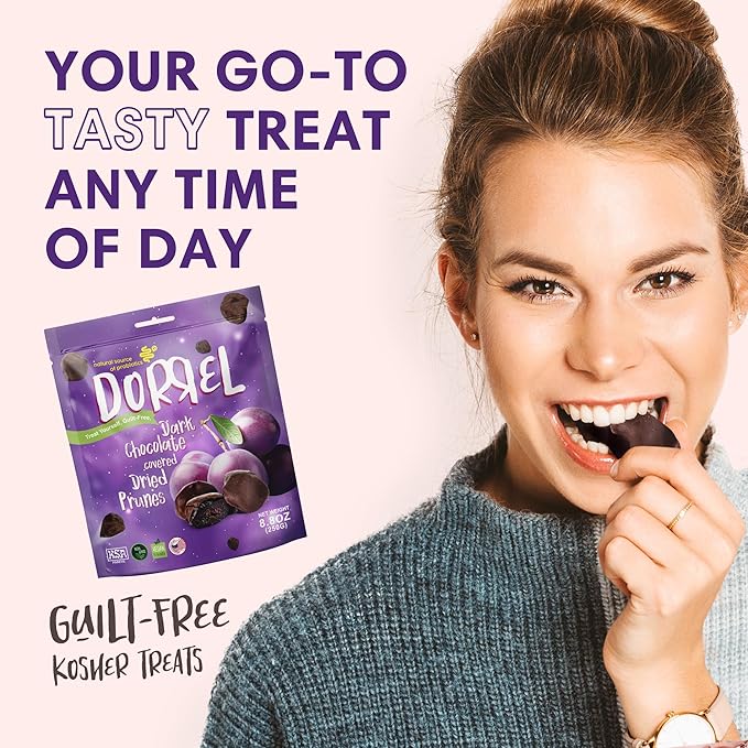 DORREL - Belgian Dark Chocolate Covered Dried Prunes, High Energy Vegan Choco Snack, Delicious, Kosher & Non-GMO, Pack of 3 Dark Chocolate Fruit Bites, 8.8 oz / 250 g Ea