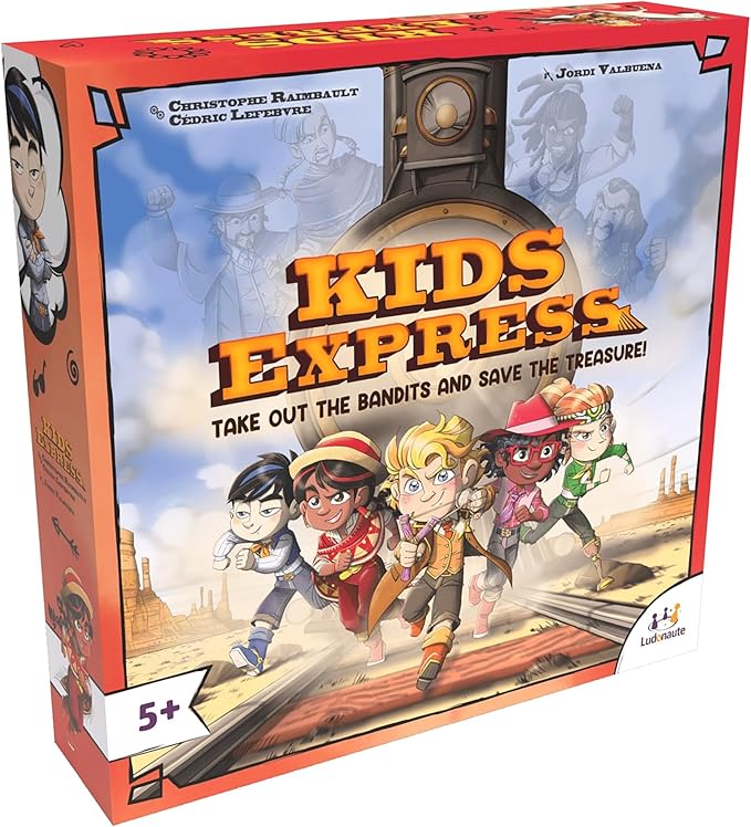 Ludonate: Kids Express - Cooperative Board Game, 3D Train, Flick Projectiles to Hit Bandits, Kids Version of Colt Express, Age 5+, 1-4 Players, 15 Min