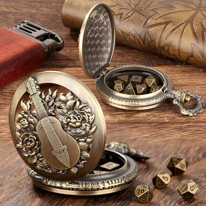 Bronze Mini DND Dice Set with Hollow Bard Pocket Watch Shell Case, Steampunk DND Gifts with Dice Bag, 7pcs Polyhedral Metal Dice Set, D&D Starter Set, Role Playing Board Games Accessories, Bard Gift