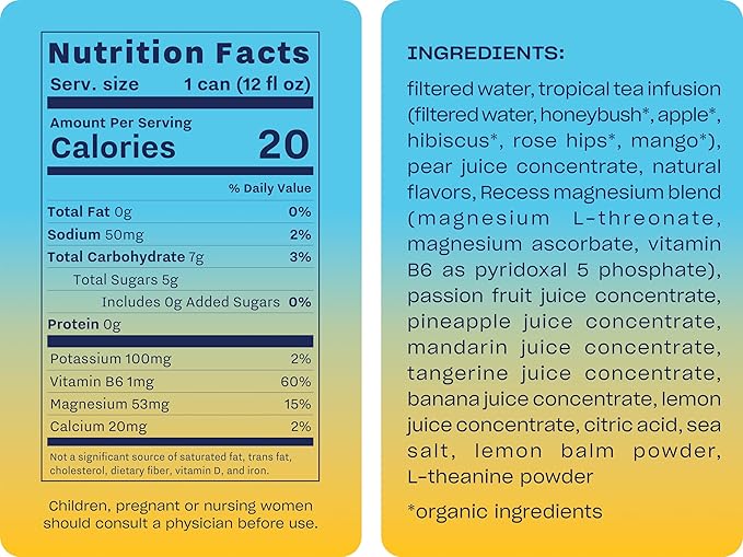 Recess Mood Magnesium & Adaptogen Drink, Relaxation Beverage, 12 Ounce (Tropical Bliss, 12 Pack)