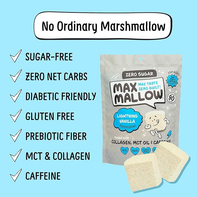Max Mallow Sugar Free Marshmallows - Keto Friendly, Perfect for S'mores, Hot Chocolate, and Baking with Zero Sugar Snacks, Smores Mct Oil Zero Sugar Marshmellow Marshmallow Lightning Vanilla, 6 Pack