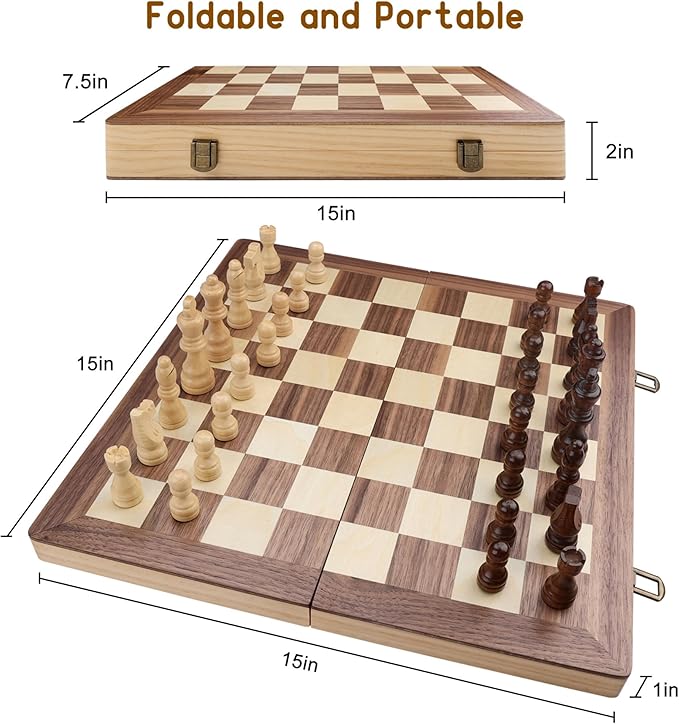 Gothink Wooden Chess Board Set with Manual for Adults Kids 15 Inch Chess Puzzle with Handmade Pieces & Storage Box Folding Portable Travel Unique Chess Game for Tournament Professional Beginner