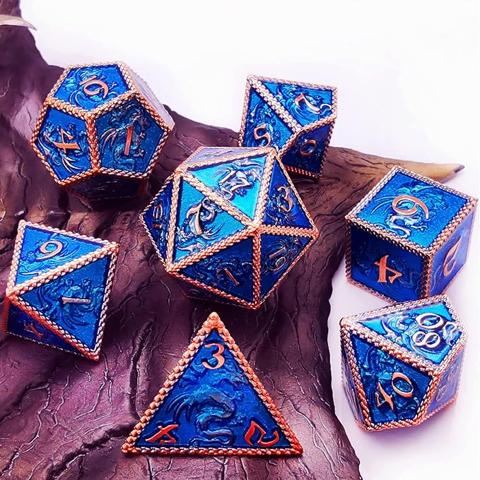 HAOMEJA Dungeons and Dragons Dice Metal Dragons Dice Set DND D&D Dice RPG Games (Glitter Red Copper Blue)