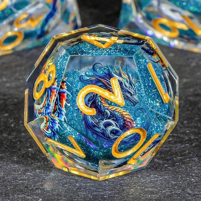 OUKELANWO Liquid Core Dragons Stickers DND Dice Set D&D, 7Pcs Dungeons D and D Role Playing Dice with Gift Box, Resin Sharp Edge Dice D20 D12 D10 D8 D6 D4, Blue Gold