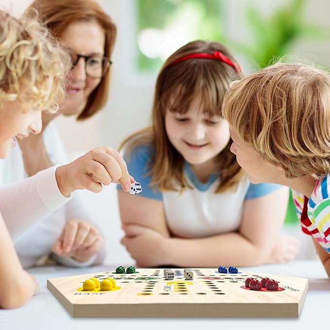 Wooden Board Game, Board Game Original Marble Game Double Sided Painted 2 to 6 Player Fast Track Board Game Wooden with 6 Colors 24 Marbles 6 Dice for Adults Kids Family(15 INCH)