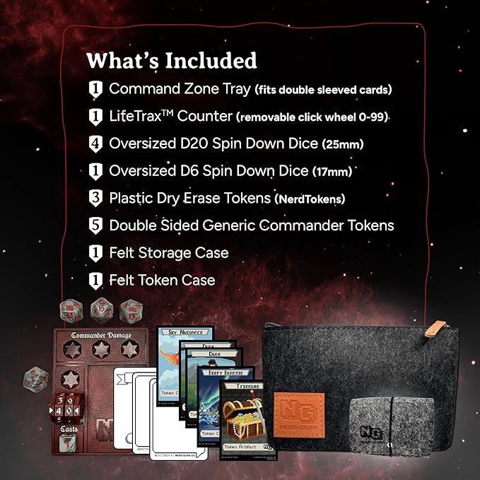 NERD GEAR Commander Essentials Kit - Ultimate Accessory for MTG Commander EDH - MTG Command Zone Tray - Health Counter - Spin Down Dice - Dry Erase Tokens (Chaos Red)
