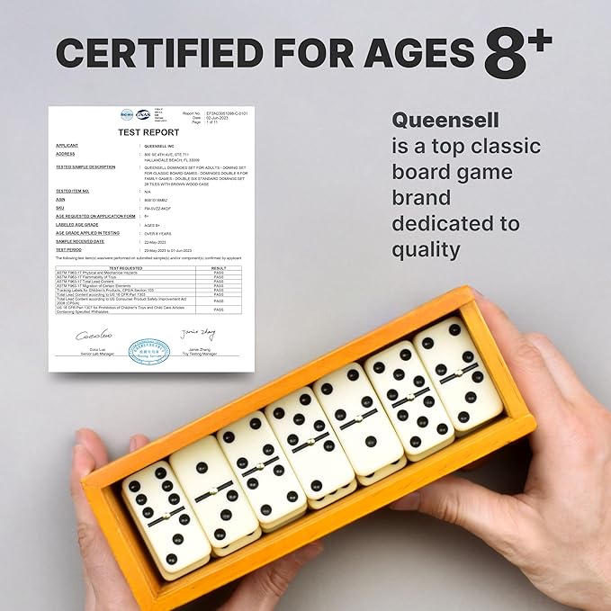 Queensell Dominos Set for Adults – Dominoes - Classic Board Games, Double 6 Dominoes Family Games for Kids and Adults - Double Six Standard Dominos Set 28 Tiles with Wood Case, Juegos de Mesa