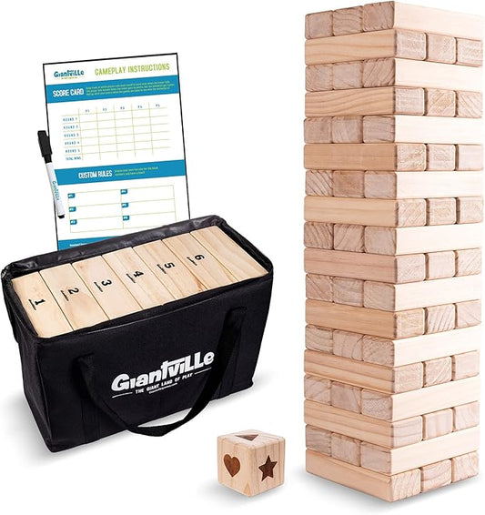 Giantville Giant Tumbling Timber Toy - Premium Pine Wood Life-Size Blocks Tower - Big Floor/Board Indoor/Outdoor Yard Game for Kids & Adults - 54-Pieces + Dice + Carry Bag - Grows to Almost 4-Feet