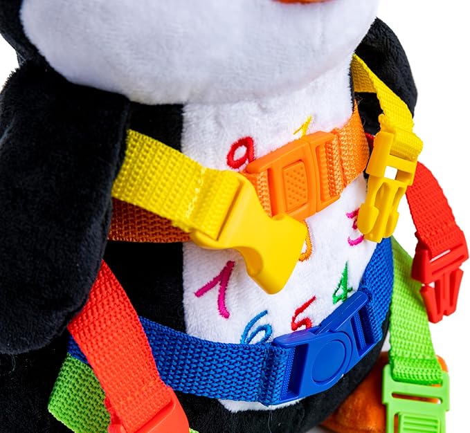 Buckle Toys Blizzard Penguin Plush Montessori Toys for Toddlers 1-3 Animal Sensory Toy to Develop Fine Motor Skills and Learn Shapes and Colors, Travel Essentials for Kids, Includes Storage Pocket