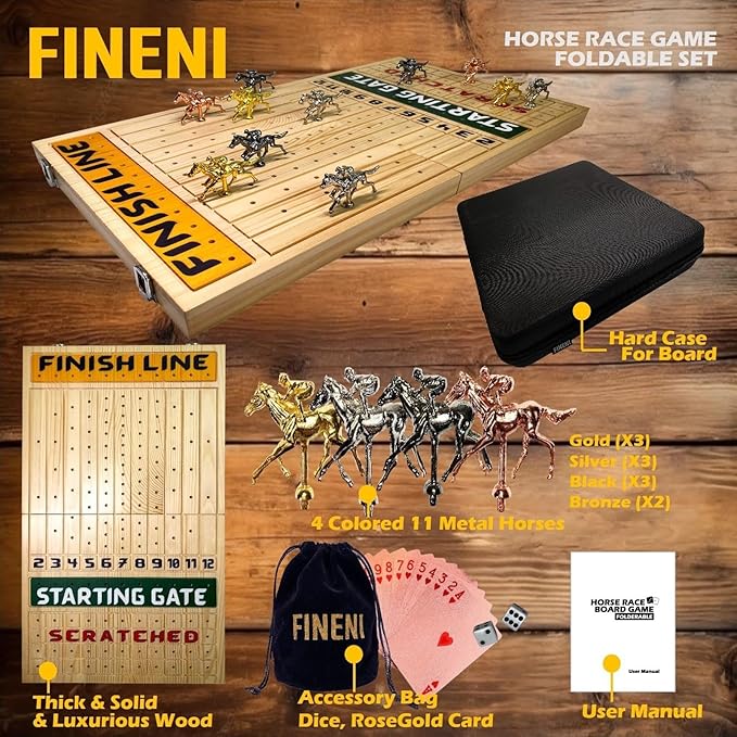 Horse Racing Game for Adults, Foldable Horse Race Board Game with 11 Luxurious Metal Horses (Gold, Silver, Black, RoseGold), 22” Pine Wood Horse Race Game Board, Dice & RoseGoldCard (Log Color)