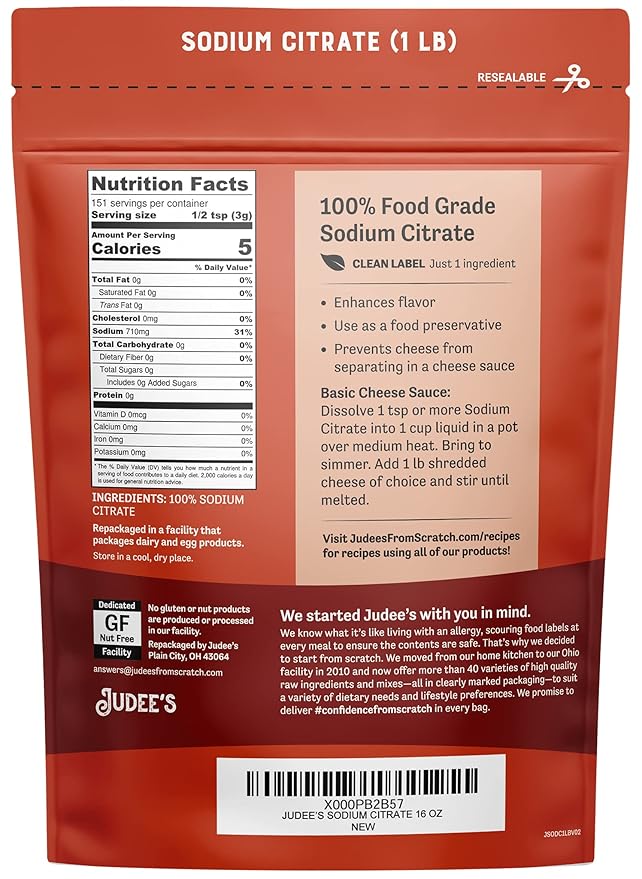 Judee's Gluten Free Sodium Citrate 1lb (16oz) - 100% Non-GMO, Keto-Friendly and Nut-Free - Food Grade - Great for Molecular Gastronomy Cooking - Emulsifier for Cheese Sauce - Serves as Preservative