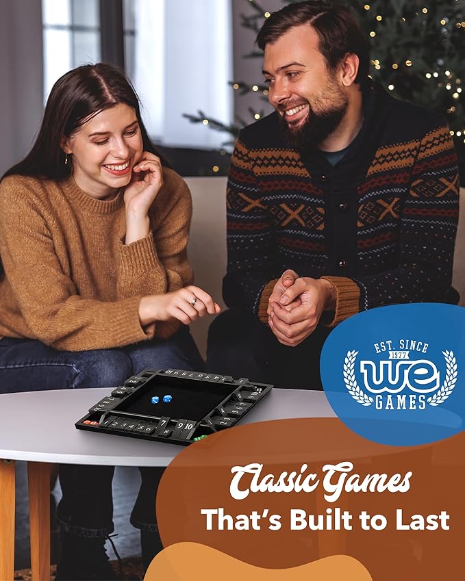 WE Games Wooden Shut The Box Game 4 Player - 10 Number Tiles & 8 Dice - Large 14-Inch, Black Stained Wood Finish