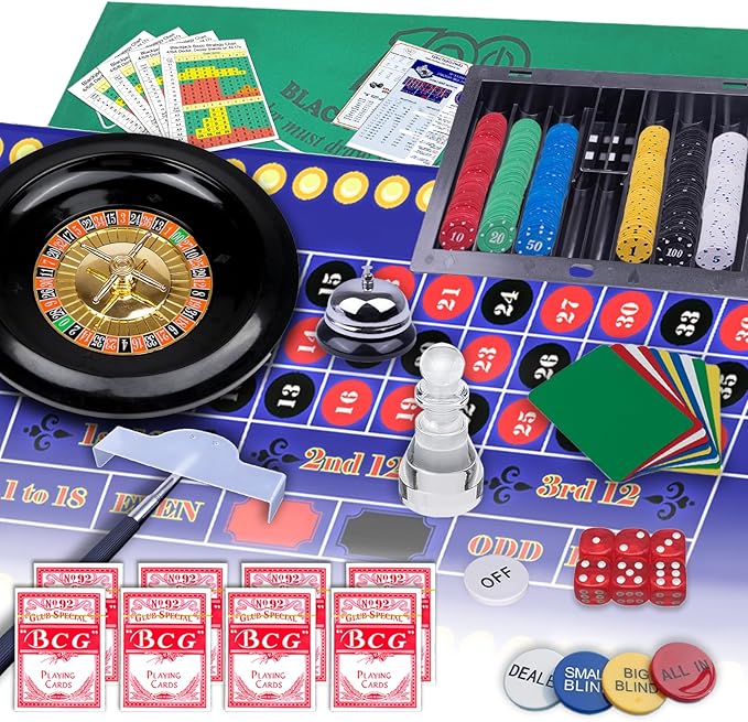 5 in 1 Premium Casino Game Set: Blackjack/Roulette/Craps/Texas Holdem/Poker Game Kit with 360 Chip+8 Deck Card+Roulette Wheel+2 Two-Sided Felt+6 Dice+Stratedgy Card,Texas Holdem Poker Blackjack Set
