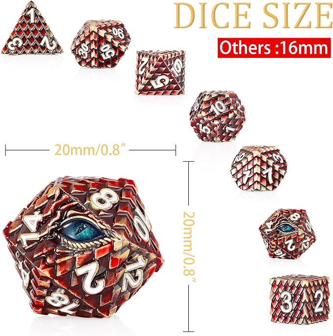 Metal Dice Set D&D,7 PCS Dragon Scale Metallic DND Dice Set,Dragon Eye Metal Dice with Grogeous Gift Case for Dungeons and Dragon Tabletop Game (Reddish Brown Dragon Scale & Cyan Eye)