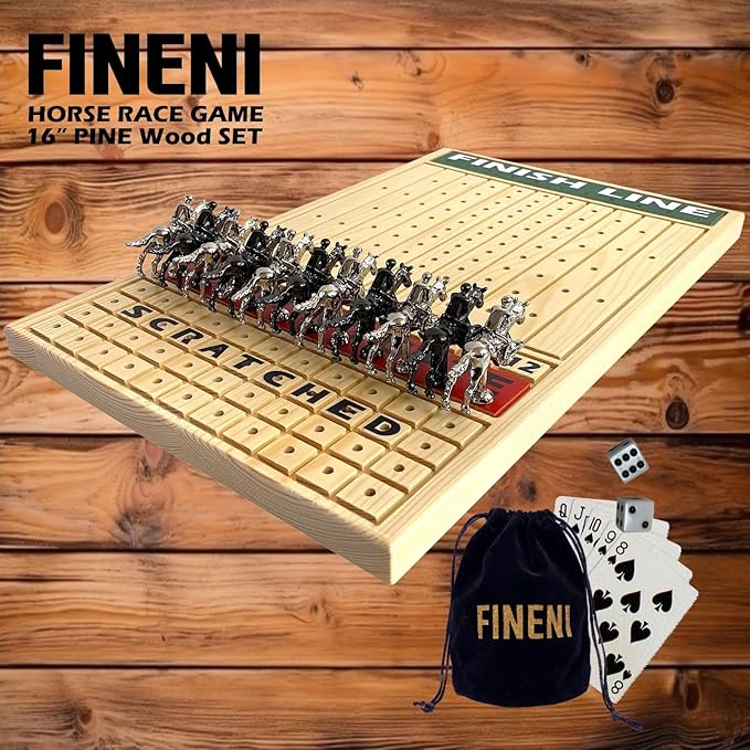 Horse Racing Game for Adults, Luxurious Metal Horses (Silver, Black) on 16' Pine Wood Board, Dice & Card Included