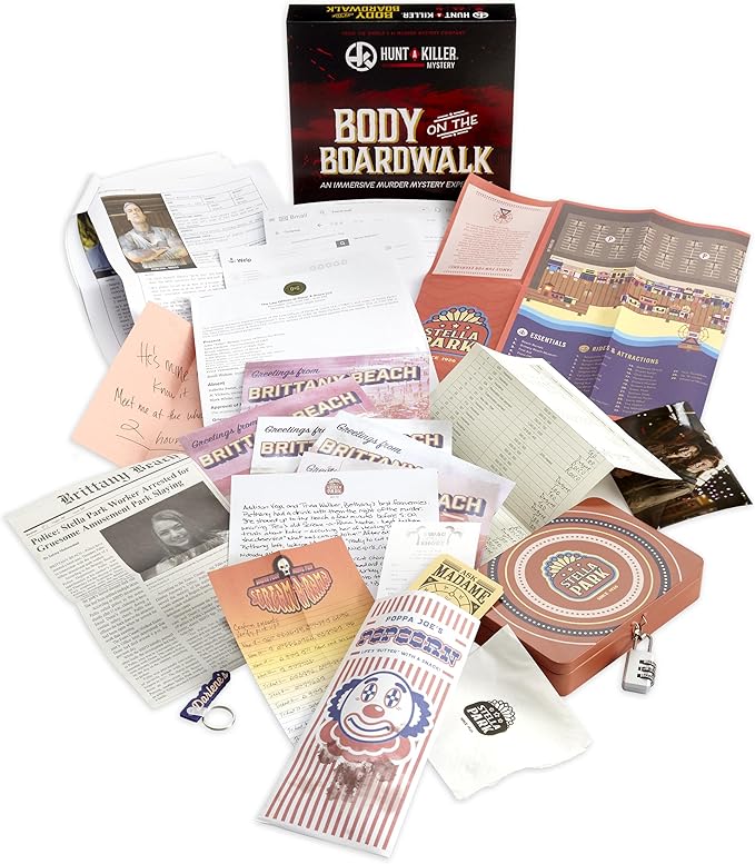 Hunt A Killer: Body On The Boardwalk, Catch the Amusement Park Killer, Interactive Unsolved Mysteries Game, Mystery Box for Game Night, Murder Mysteries Card, Puzzle & Board Games, For Ages 14+