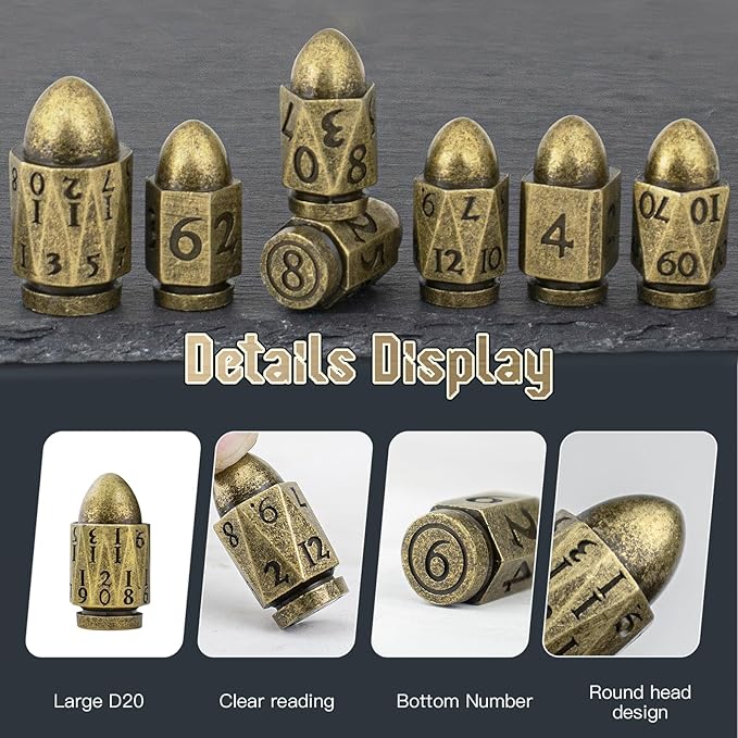 Bullet DND Dice, PCCECQEE Metal Dice Set D&D for Dungeons and Dragons,Polyhedral Dice Sets D&D RPG,Role Playing Table Board Games or Warhammer 40K Shadowrun Dice (Broze)