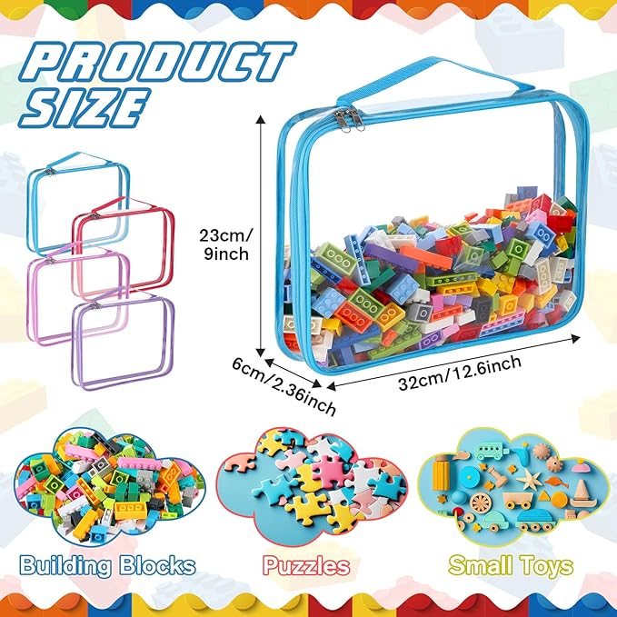 Sanwuta 6 Packs Toy Storage Bags, PVC Organizing Case Bags with Zipper, Waterproof Toy Container for Board Games, Building Blocks, Puzzles, Small Toys and Kids Books(Large,Cute Colors)