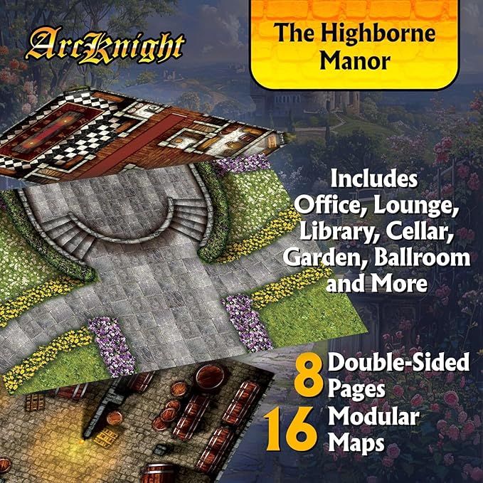 Arcknight The Highborne Manor Roleplaying Battlemaps; 16 Modular RPG Maps in 8 Double-Sided Pages, 1" Square Grid, Modular & Versatile Design for Tabletop Gaming - for Dungeons & Dragons, Pathfinder