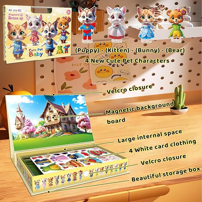 Yuzee Magnetic Dress Up Games Cute Pets Set with Storage Box, 55 Pieces of Clothing Magnets and 4 Cute Animal Figures Accessories, Magnetic Travel Toys Reusable, Foster Creativity and Imagination (A)
