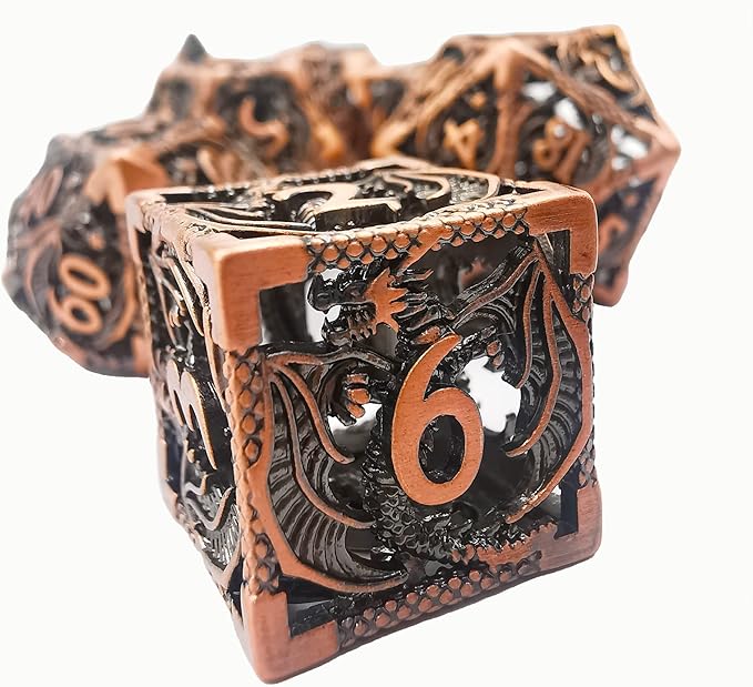 Metal DND Dice Set Dungeons and Dragon Dice Set Hollow Dragon Polyhedral Magic 7 PCS Dice Set with Gift Metal Box for Dungeons and Dragons Table Games Play Cards MTG(Dragon_Ancient Red Copper)