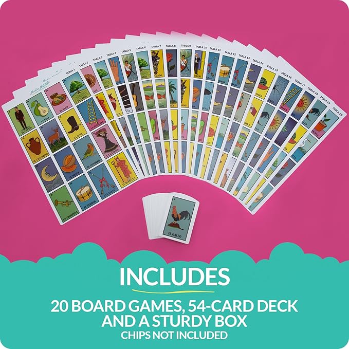 Waterproof 20 Player Loteria | 12 inch by 8 inch Boards | Shuffleable Card Deck | No Stereotypical Characters | Extendable Up To 100 | Perfect for Schools, Cinco de Mayo, Mexican Parties (Boards 1-20)