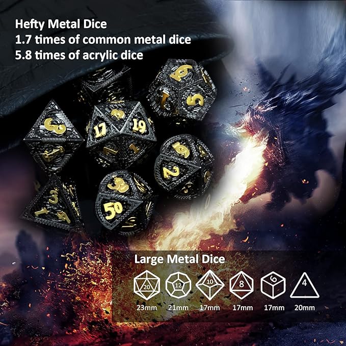 Haxtec Metal DND Dice Set Black Gold Metal D&D Dice with Fire-Breathing Dragon Elements & Leather Dice Bag Polyhedral Dice for Dungeons and Dragons TTRPG Gifts…