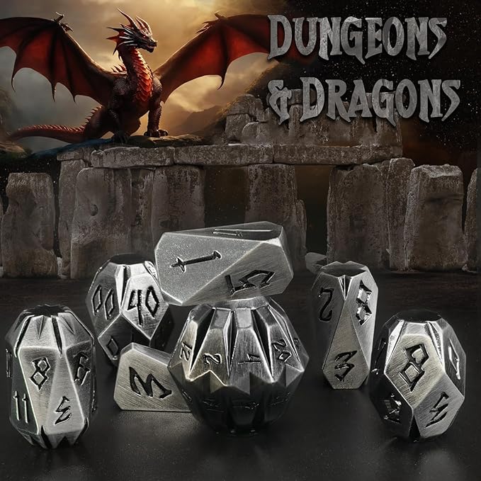 Metal Dice Set for DND, ZHOORQI 7 Pcs Polyhedral Dice, Perfect for Dungeons and Dragons, RPG Role Playing Games - Unique Cool Dice with Stonehenge Themed Design for Games Gifts(JS-Silver)