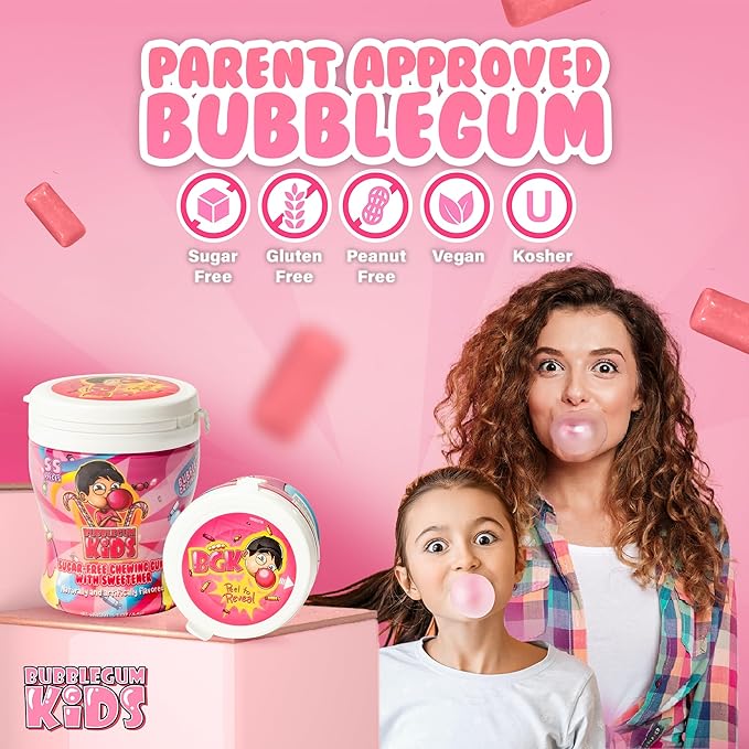 Bubblegum Kids Sugar-Free Gum - Classic Bubblegum Flavor Sugar Free - Bubble Gum for Kids and Adults Craving Nostalgia - Vegan and Kosher Friendly, Parent Approved - Pack of 1