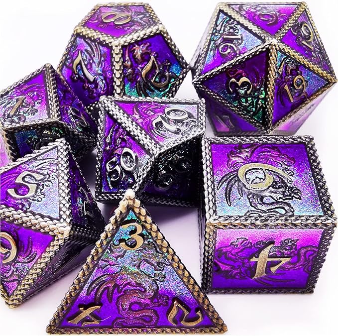 HAOMEJA Dungeons and Dragons Dice Set - Metal 6 Sided Polyhedral Dice for Pathfinder, MTG, Board Games (D20, D12, D10, D8, D6, D4) - Silver, Blue, Purple