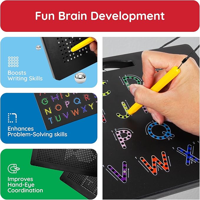 PicassoTiles 2-in-1 Magnetic Drawing Board Toy 12x10 inch Large Magnet Bead Tablet Pad with 2 Facings Alphabet+ Math STEM Free Style Educational Erasable Learning Writing Playboard in Black PTB02