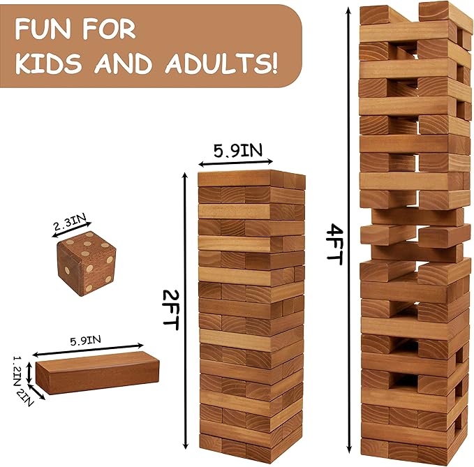 Juegoal 54 Pieces Giant Tumble Tower Blocks Game Giant Wood Stacking Game with 1 Dice Set, Gameboard, Canvas Bag for Adult, Kids, Family, Brown