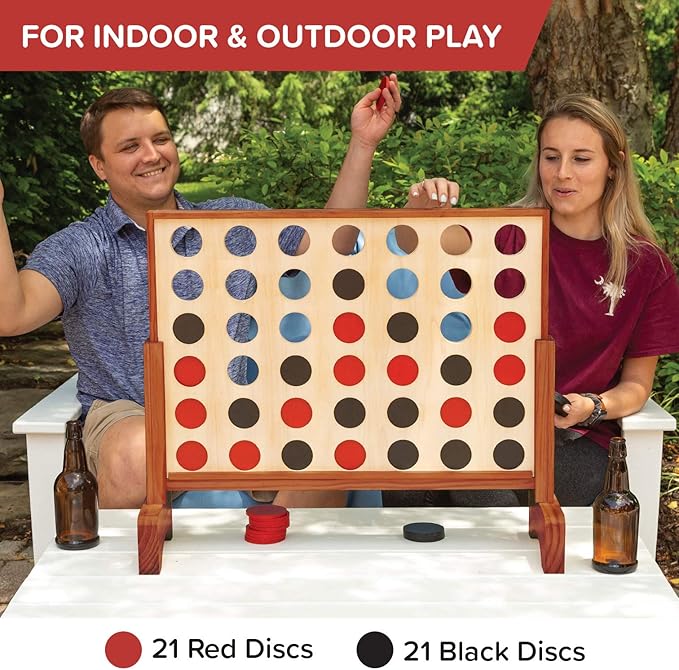 Play Platoon Giant 4 in a Row Game Outdoor, 4 in a Row with Coins, Case and Rules - Extra Large Yard Games for Adults and Family - Stained Wood