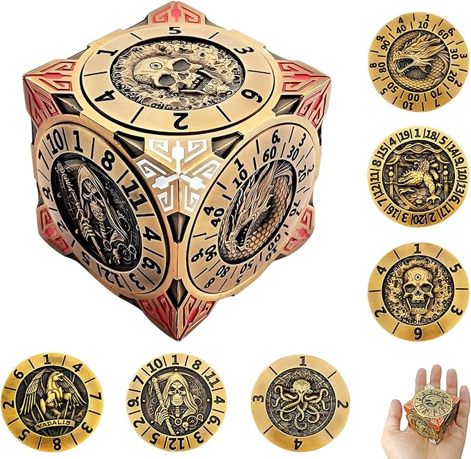 2025 New DND Spinner Dice, 7-in-1 Metal Dice Set with 3D Relief for Dungeons and Dragons Gifts, Polyhedral Roleplaying Game Dice, Fantasy D&D Tabletop RPG Accessories for DM & Player (Ancient Gold)