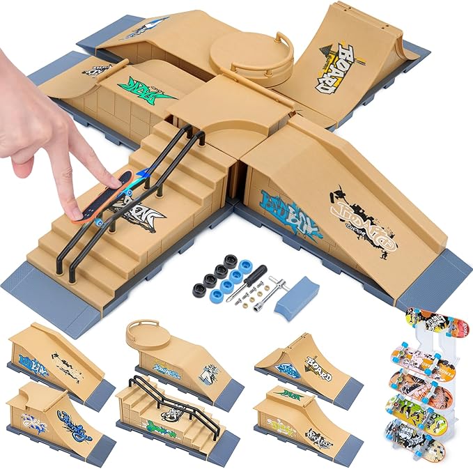 Finger Skateboards Ramp Set, 6 in 1 Fingerboard Skatepark Deck with 6 Ramps, Fingerboard Half Pipe Ramp for Kids Adults Fingerboard Training Props Interactive Freestyle Skate Game, Yellow