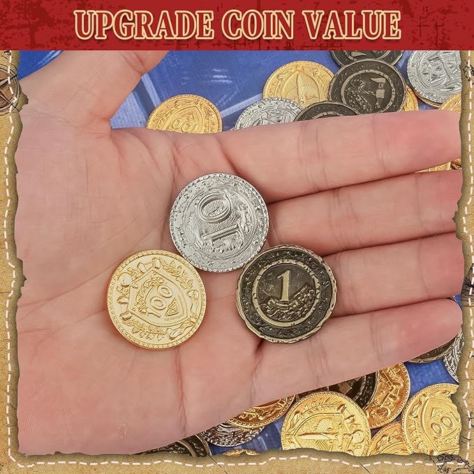 Byhoo 100 PCS Metal DND Coins, 1.2" Gold Silver Copper Tokens with Face Value for Board Game and Tabletop RPG, Fantasy Metal Coins for Pirate Game Party Cosplay