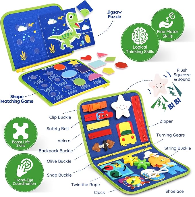 Toddler Sensory Busy Board: Travel Toy Activity Book for Girls Boys, Motor Skill Development Gift for Baby Aged 3-4 Years, Fine Educational Preschool Montessori Learning Toy for Car Airplane Dinosaur