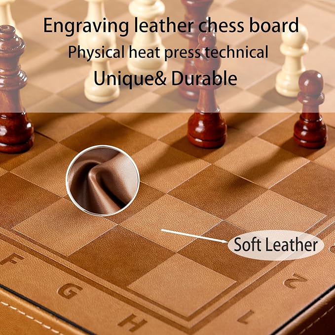Chess Set Board for Kids & Adults, 12" Travel Magnetic Chess & Checkers Folding Board 2 in 1 Sets, Portable Folding Leather Chess Boards with 3 Velvet Bag Packaging Pieces