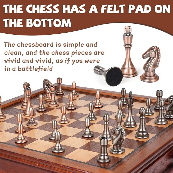 12.5-Inch Wooden Chess Set with Weighted Metal Chess Pieces, Storage Drawer Wooden Chess Board, Includes 2 Extra Queens – Premium Board Games Metal Chess Set for Adults and Chess Enthusiasts