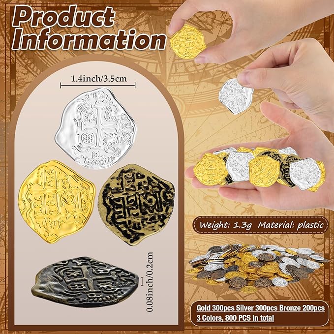 800 Pcs Plastic Pirate Coin Gold Treasure Spanish Doubloon Fake St. Patricks Toy Coin for Kids Board Games Pirate Party Cosplay Teachers Classroom Reward(Gold, Silver, Bronze)