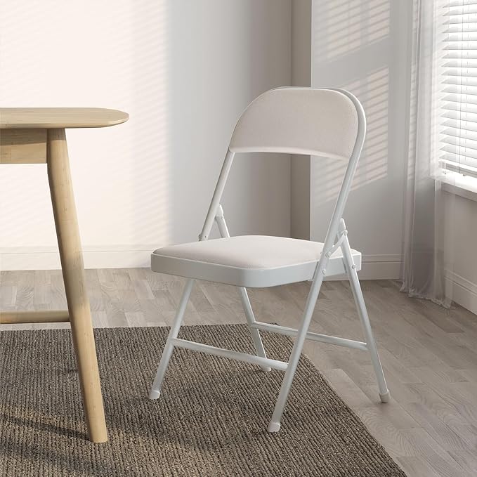 Nazhura 4 Pack Folding Chairs with Padded Cushion and Back, Khaki Metal Chairs with Comfortable Cushion and Durable Steel Frame for Home and Office, for Indoor and Outdoor Events (White, 4 Pack)