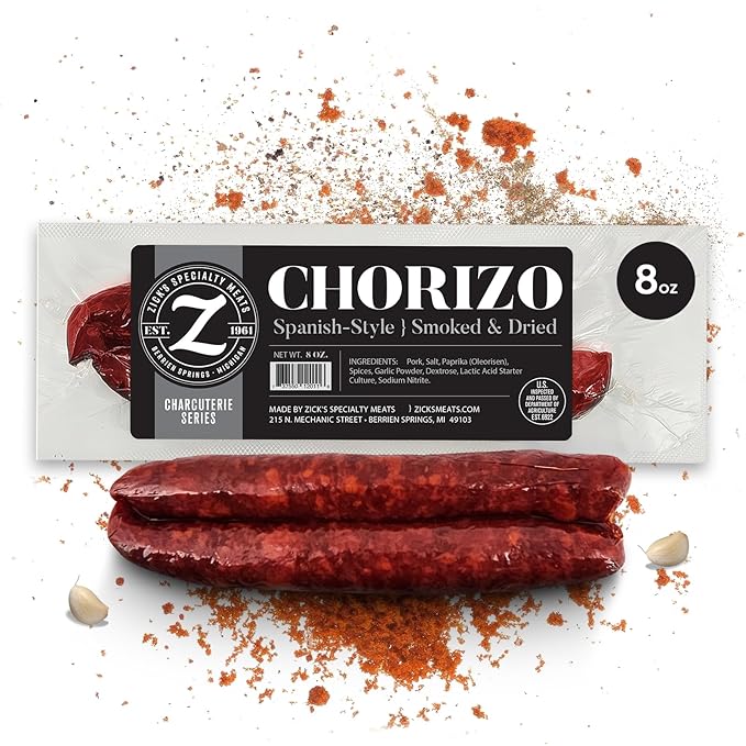 Zick’s Specialty Meats Spanish Chorizo Sausage (8oz) | Healthy & Organic Spanish Chorizo | Premium Naturally Cured Charcuterie Meat Series | Smoked & Dried Sausage | Gourmet Food | High-Protein Snack